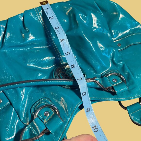 Turquoise Patent Vegan Leather Shoulder Bag With Embossed Medallion Design - Picture 10 of 11